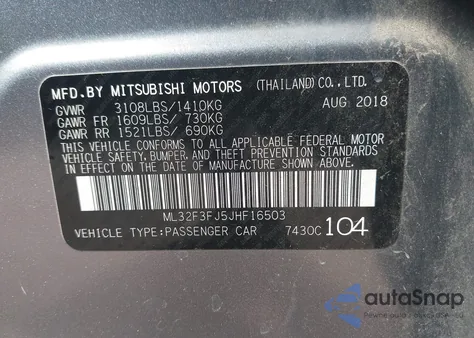 2018 Mitsubishi Mirage G4 Es z USA, uszkodzony, nr VIN ML32F3FJ5JHF16503